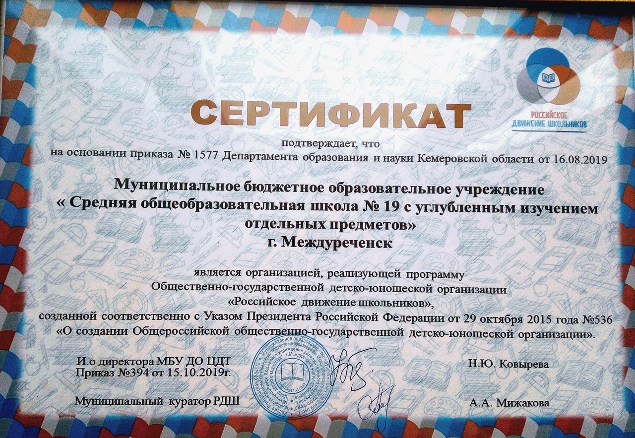 сертификат РДШ
